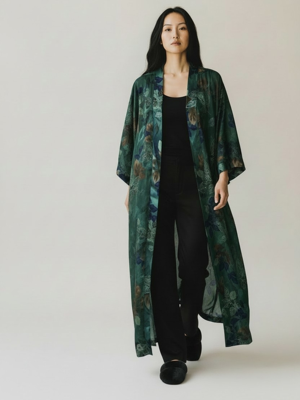 Vintage Sheer Dark Green Floral Maxi Long Sleeve Kimono Robe With Tie One Size